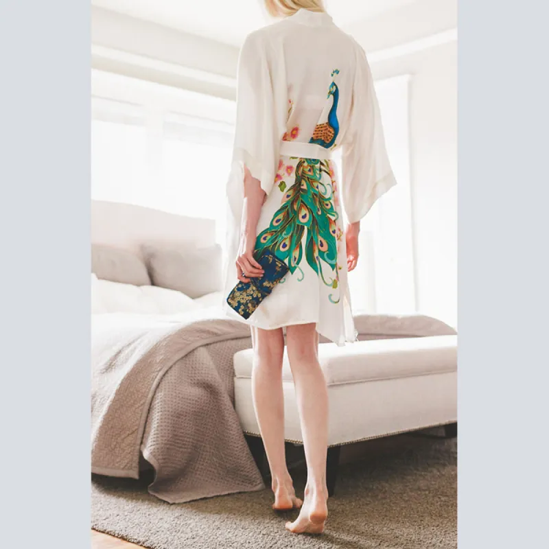 Silk Handpainted Peacock Short Kimono Robe made by Kim + Ono