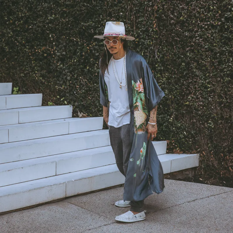 Silk Handpainted Crane Long Kimono Robe made by Kim + Ono