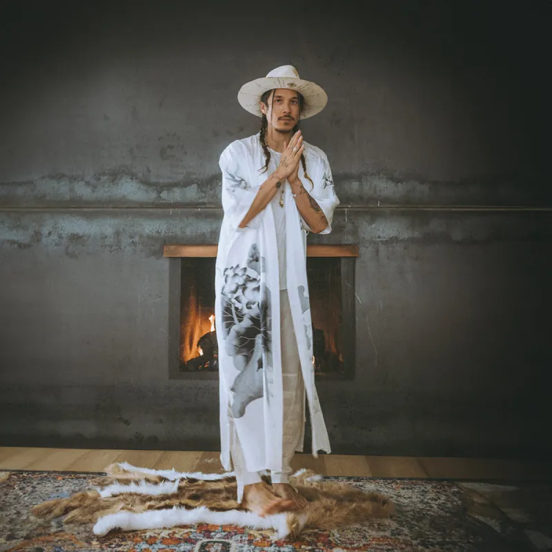 Silk Handpainted Lotus Long Kimono Robe sold by Kim + Ono