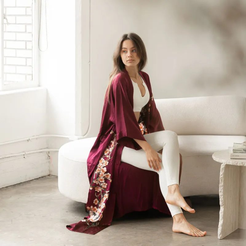 Silk Handpainted Cherry Blossom Long Kimono Robe sold by Kim + Ono