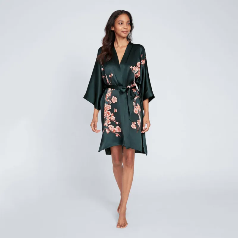 Silk Handpainted Cherry Blossom Short Kimono Robe made by Kim + Ono