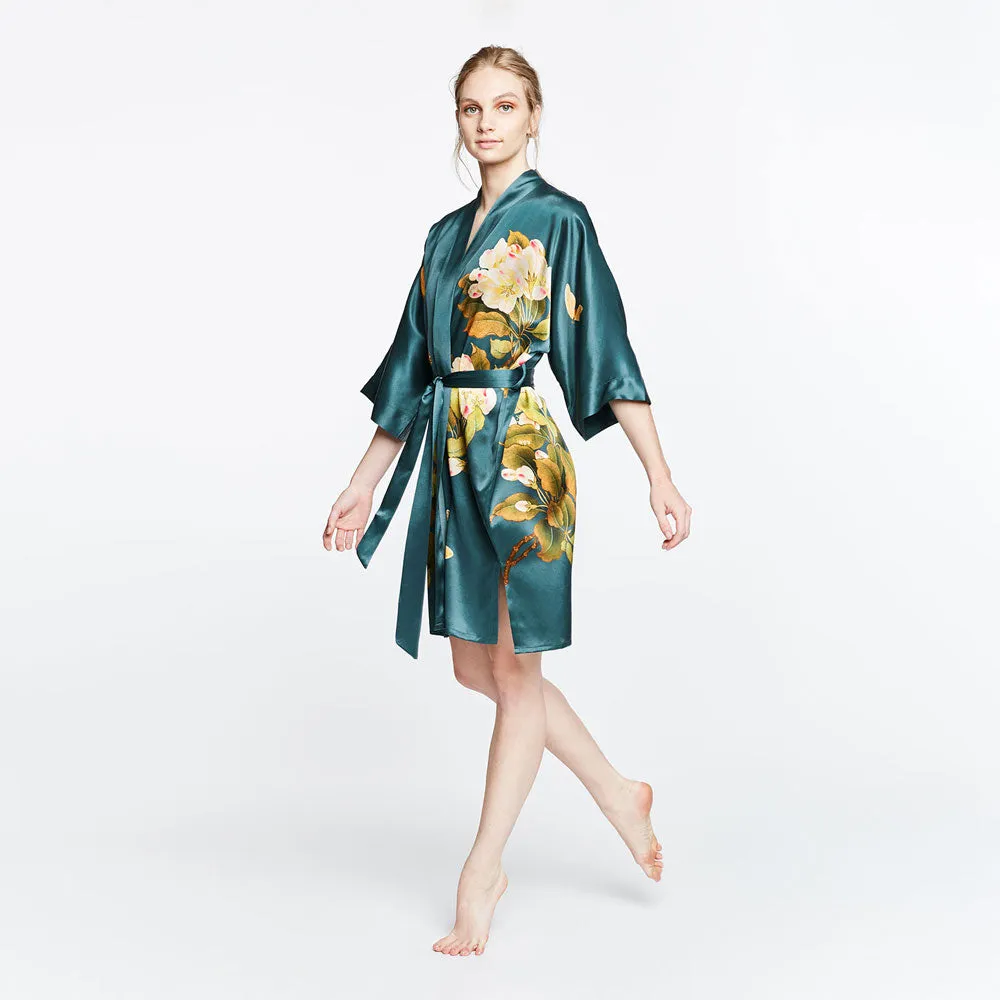 Washable Silk Peony & Butterfly Short Kimono Robe sold by Kim + Ono