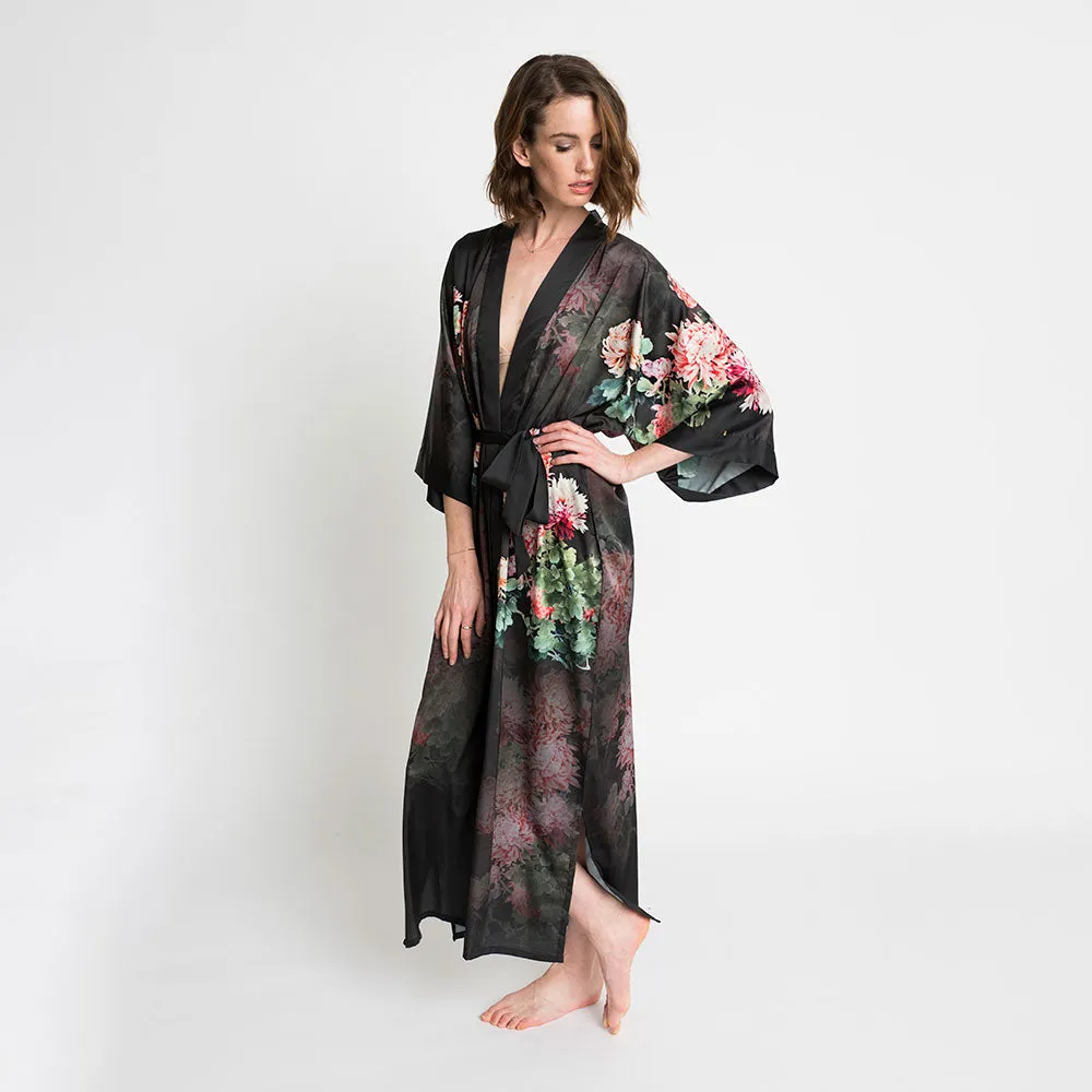 Coral Chrysanthemum Long Kimono Robe sold by Kim + Ono