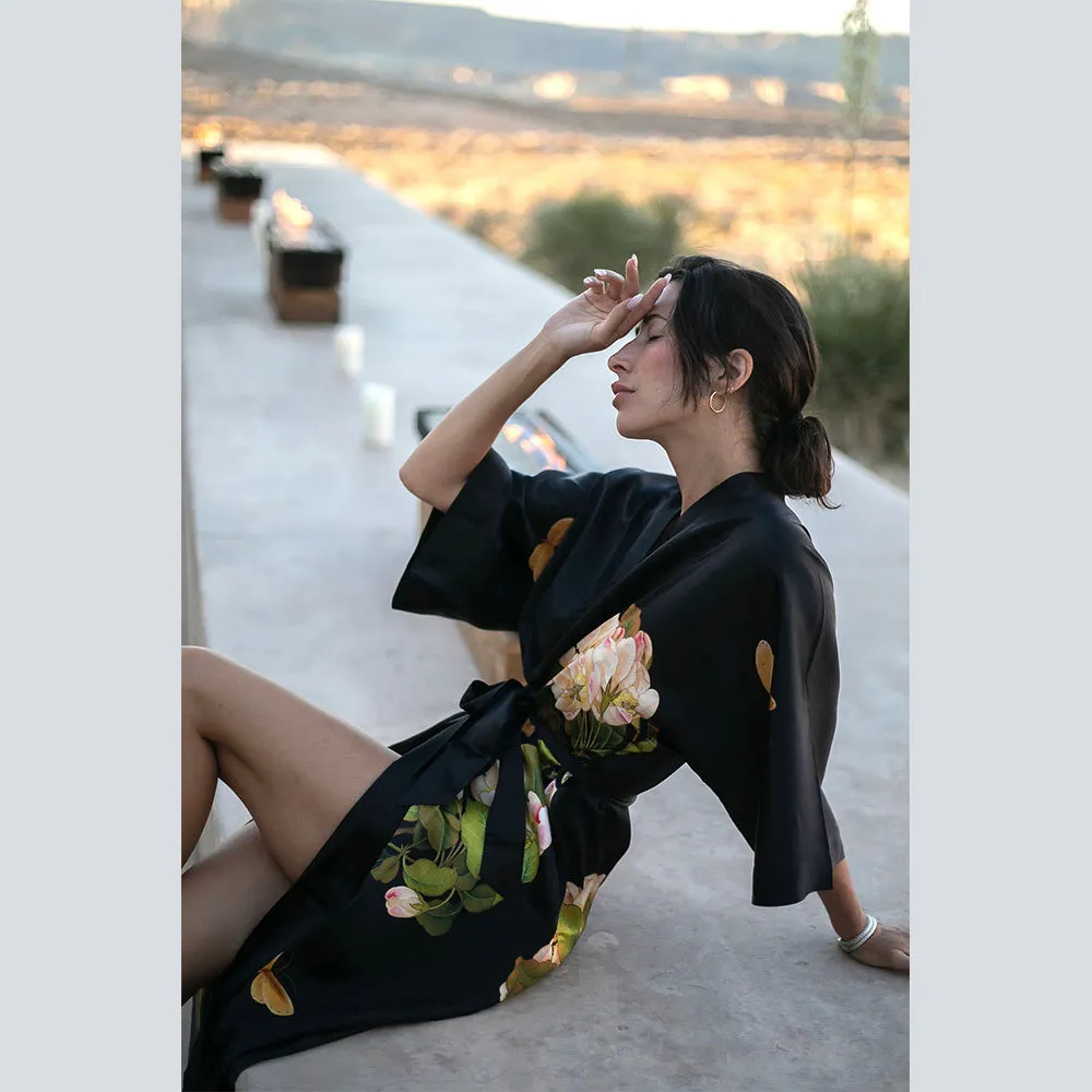 Washable Silk Peony & Butterfly Long Kimono Robe sold by Kim + Ono