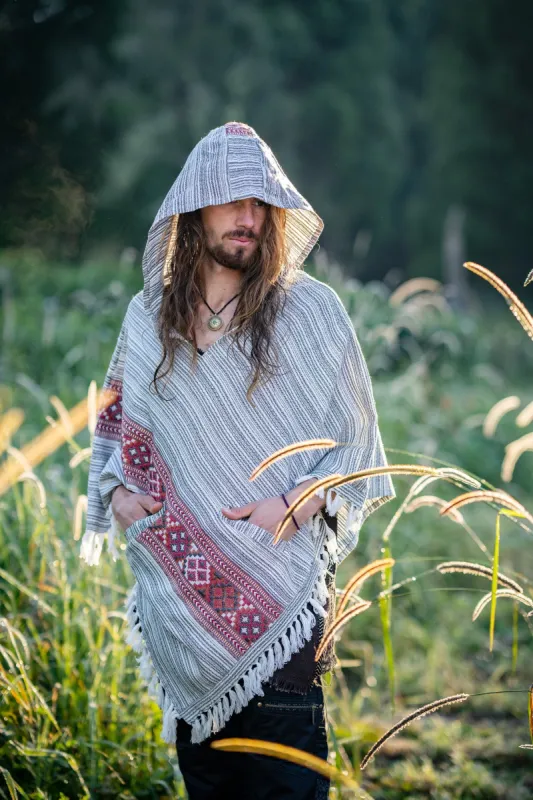 JHANA Mens Hooded Poncho White and Grey with Hood Earthy Tribal Pattern Festival AJJAYA Primitive Alternative sold by Ajjaya