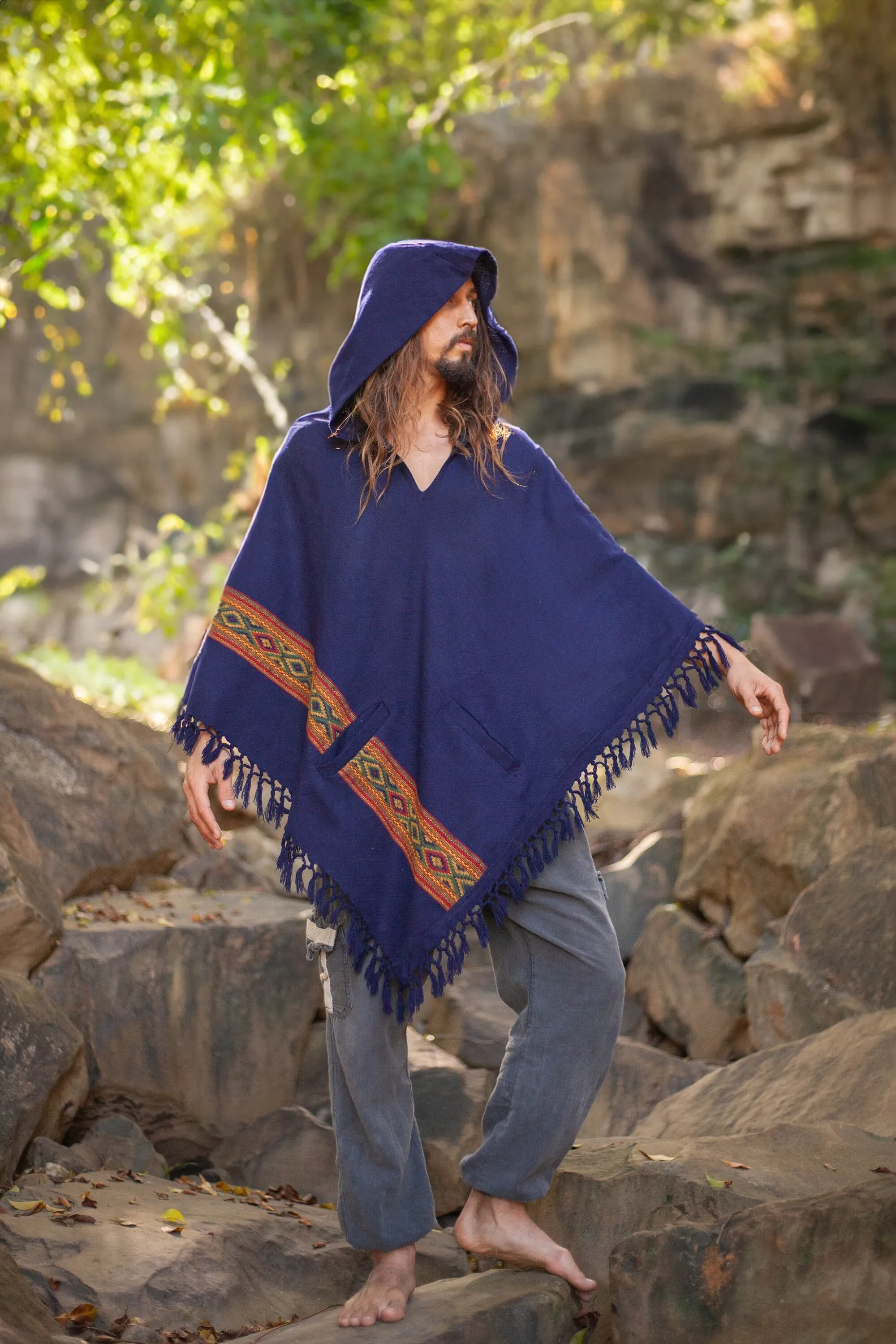 UPEKKHA Mens Hooded Poncho with Hood Indigo Purple Handwoven Pockets Cashmere and Acrylic Wool Tibet Zen Embroidery Primitive Mexican AJJAYA sold by Ajjaya product image thumbnail 4
