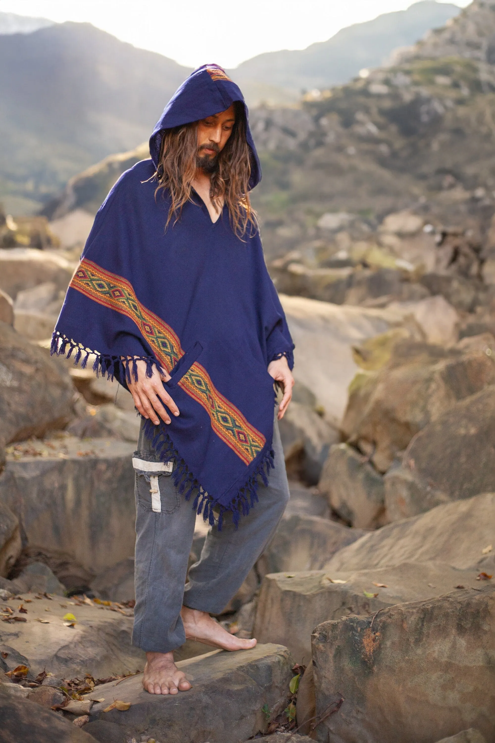 UPEKKHA Mens Hooded Poncho with Hood Indigo Purple Handwoven Pockets Cashmere and Acrylic Wool Tibet Zen Embroidery Primitive Mexican AJJAYA sold by Ajjaya