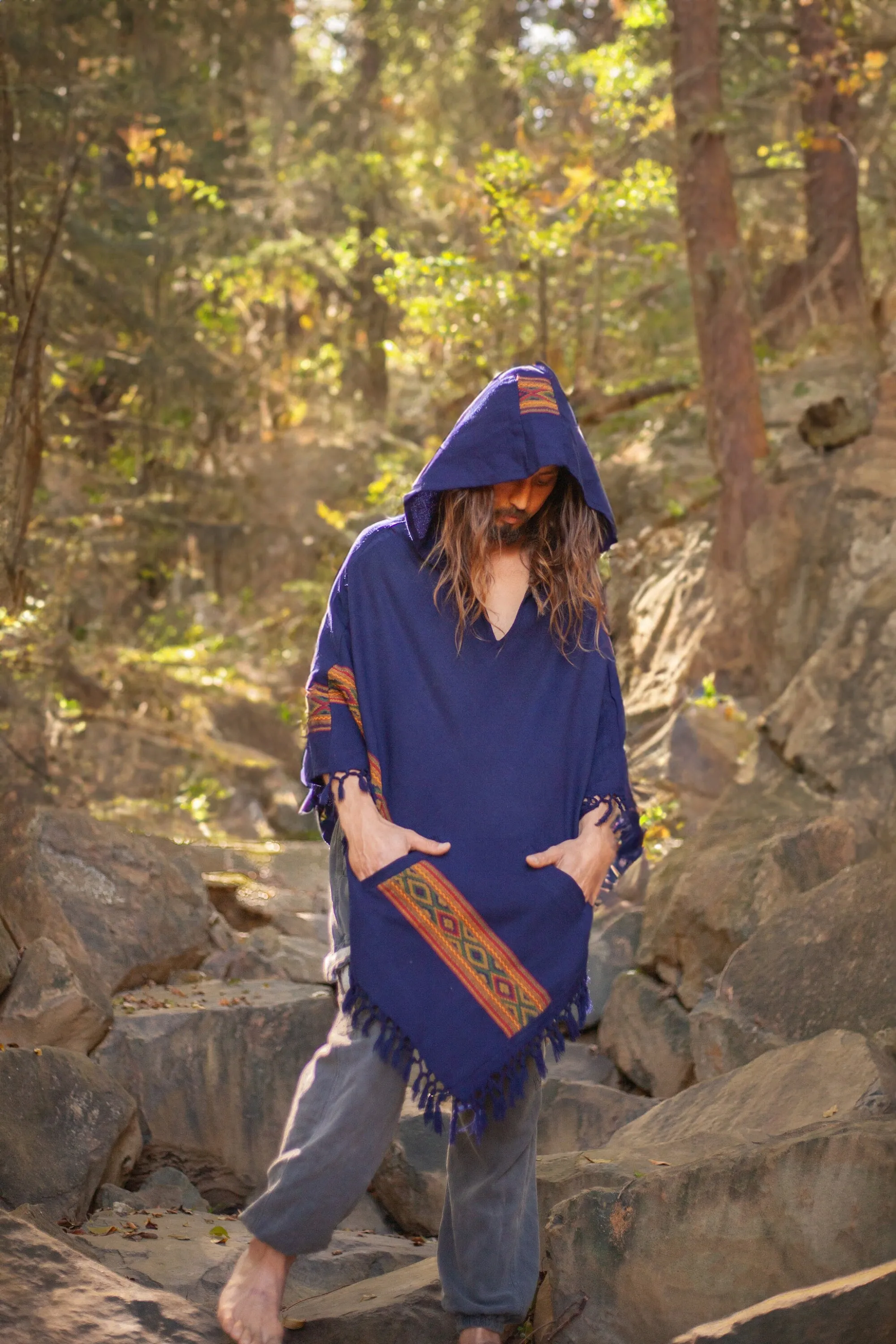 UPEKKHA Mens Hooded Poncho with Hood Indigo Purple Handwoven Pockets Cashmere and Acrylic Wool Tibet Zen Embroidery Primitive Mexican AJJAYA sold by Ajjaya product image thumbnail 5