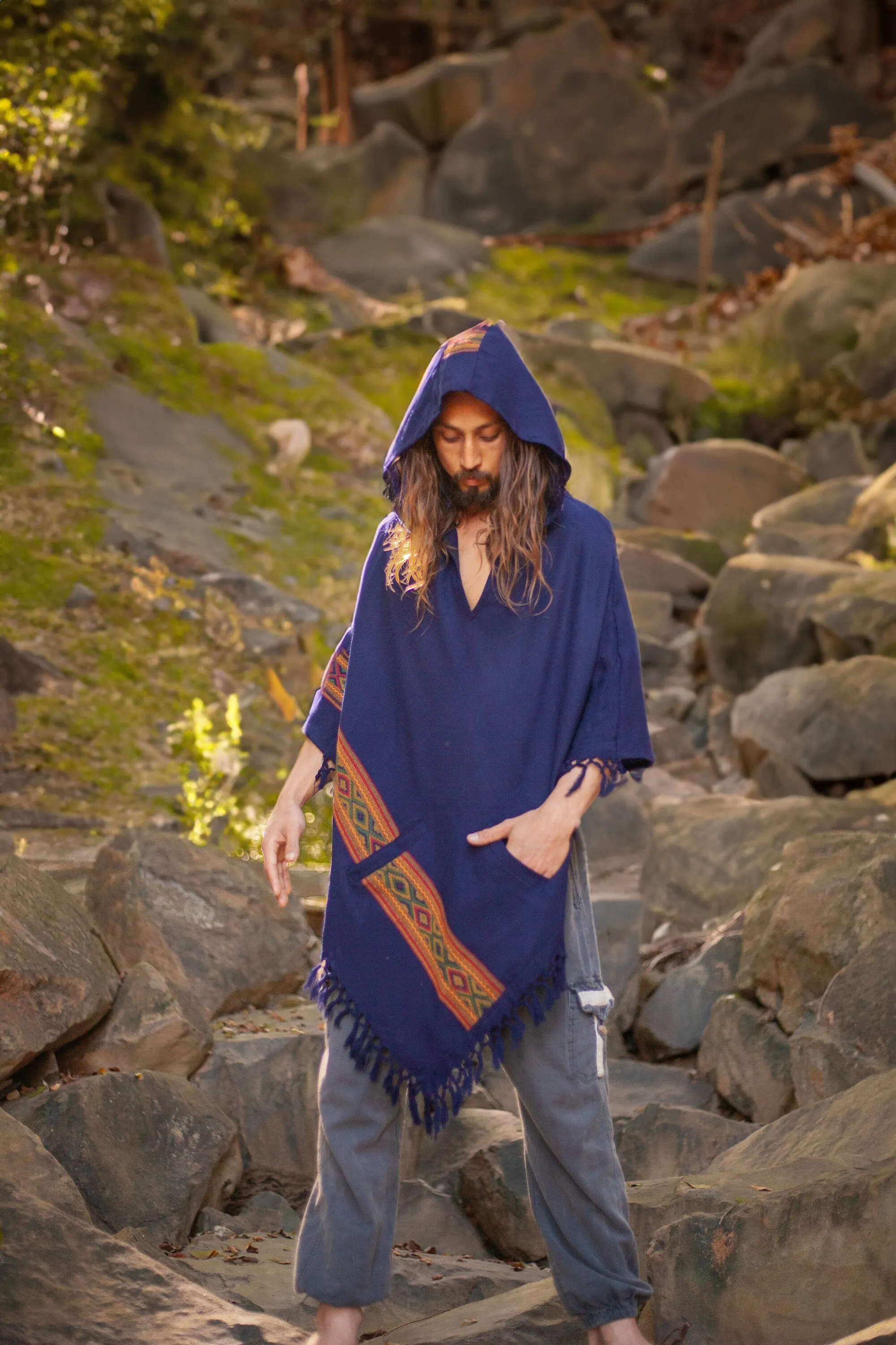 UPEKKHA Mens Hooded Poncho with Hood Indigo Purple Handwoven Pockets Cashmere and Acrylic Wool Tibet Zen Embroidery Primitive Mexican AJJAYA sold by Ajjaya product image thumbnail 2