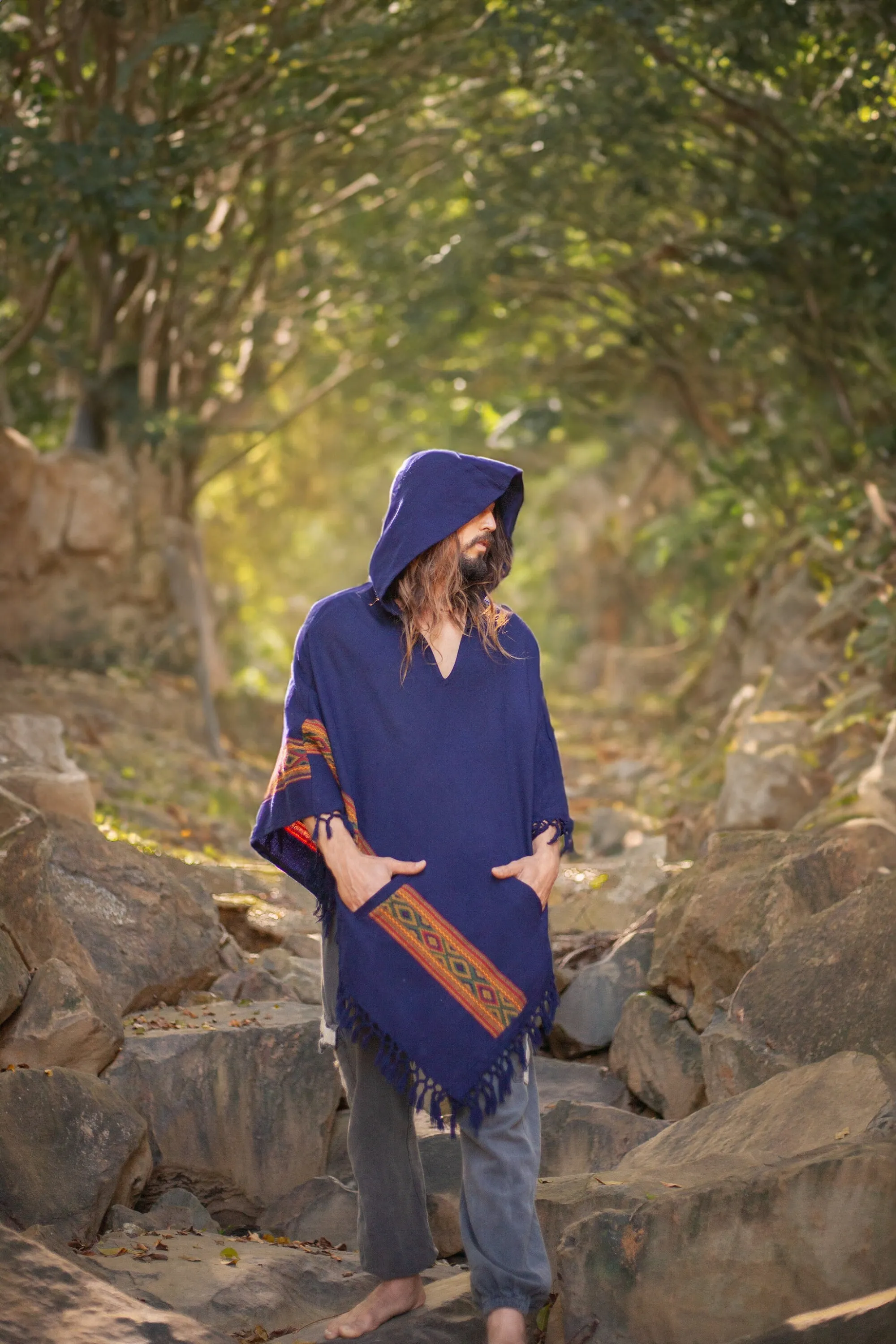 UPEKKHA Mens Hooded Poncho with Hood Indigo Purple Handwoven Pockets Cashmere and Acrylic Wool Tibet Zen Embroidery Primitive Mexican AJJAYA sold by Ajjaya product image thumbnail 3
