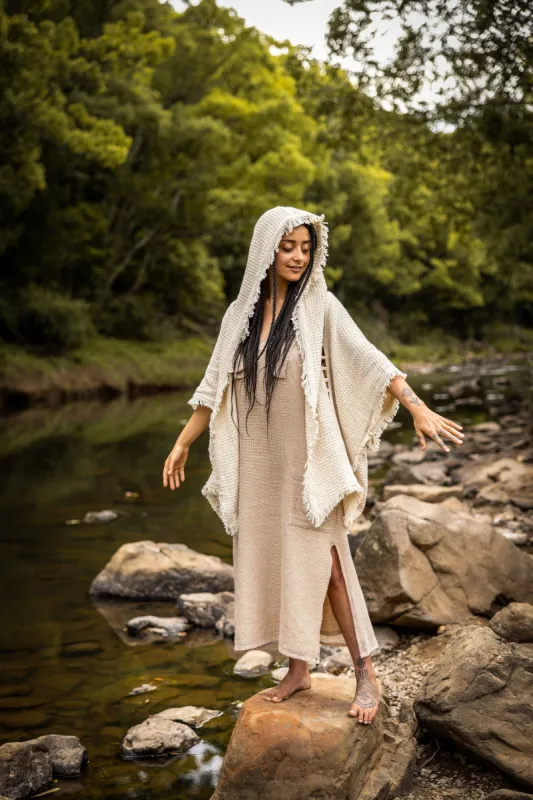 WIZARD Womens Hooded Kimono Vest Ivory Beige Tribal Ritual Ceremony Gypsy Festival Magic Ritual Alchemy Primitive Rave Boho Earthy AJJAYA sold by Ajjaya