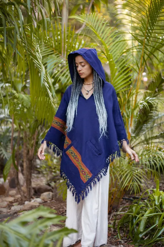 UPEKKHA Womens Poncho Indigo Purple Hooded Cashmere and Acrylic Wool Tribal Embroidery Large Hood Pockets Hippie Primitive Boho AJJAYA sold by Ajjaya