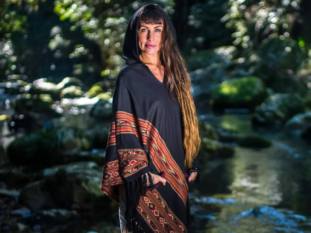 SAMADHI Handmade Poncho Black With Large Hood and Pockets, Earthy Tribal Pattern Festival AJJAYA Mexican sold by Ajjaya