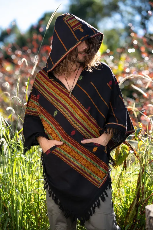 HODDI Unisex Hooded Black Poncho with Hood Cashmere and Acrylic Wool, Earthy Tribal Pattern Festival AJJAYA Boho Primitive Mexican pockets sold by Ajjaya