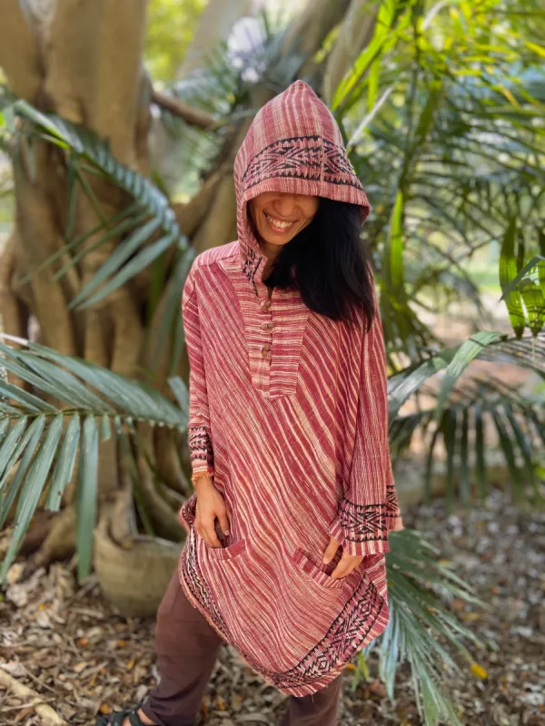 EUROKA Womens Hooded Khadi Cotton Vegan Poncho with hood Red Beige ethnic block printed pattern gypsy festival ceremony ritual tribal AJJAYA sold by Ajjaya