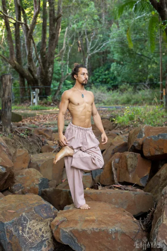 YUGI Salmon Pink Mens Cotton Yoga Pants Natural Plant Dyed Pockets Yogi Breathable Gym Straight Trousers Flexible Drawstring Festival AJJAYA sold by Ajjaya