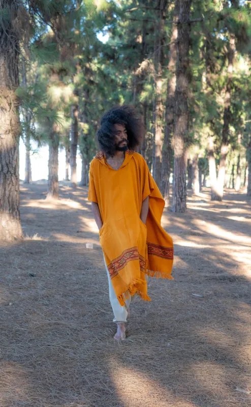 UPEKKHA Orange Turmeric Mens Hooded Poncho Long Cashmere Wool with Tribal Embroidery Large Hood, Pockets Hippie Primitive Gypsy Boho AJJAYA sold by Ajjaya