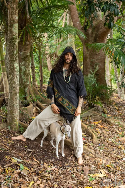 JHANA Hooded Mens Poncho Grey Black Pockets Cashmere Yak Wool and Acrylic Wool Handmade Celtic Embroidery Primitive Festival Mexican AJJAYA sold by Ajjaya