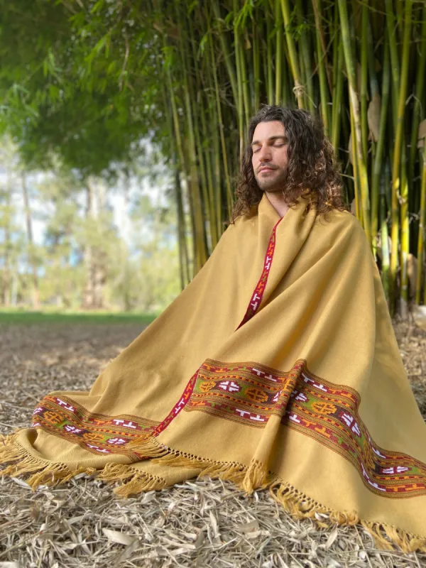 VIRIYA Shawl Mustard Yellow Beige Handwoven Wool Meditation Prayer Scarf Blanket Premium Pure Cashmere Winter Zen Embroidery Boho AJJAYA sold by Ajjaya