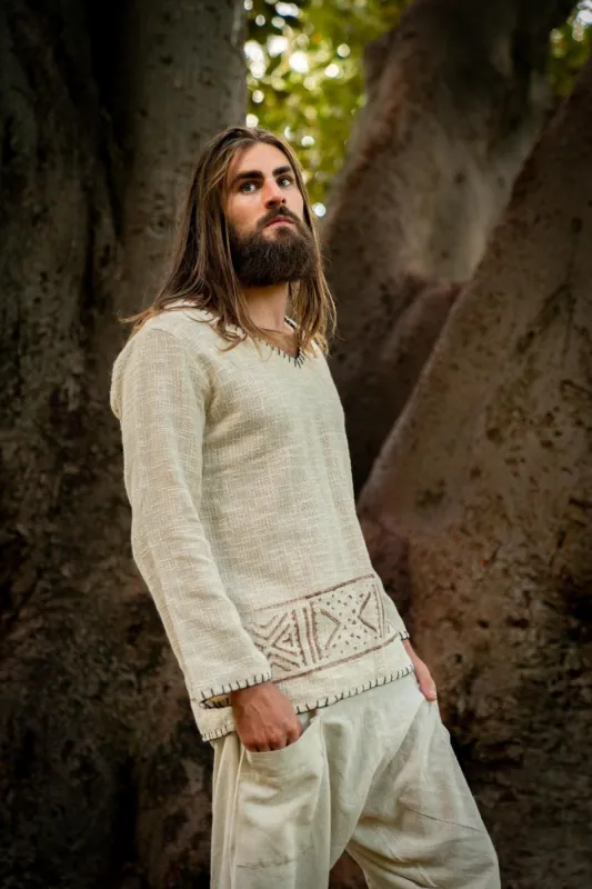 KAURI LONG Sleeve Beige Mens Top Handmade Muscle Gypsy Earthy Shirt, Tribal Jungle Natural Savage Festival Rave AJJAYA Nomadic Primitive sold by Ajjaya