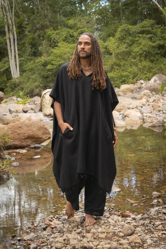 SAHAJI Poncho Black Pure Cashmere Wool Hooded Mens Long with Pockets Handmade Handwoven Viking Festival Ceremony Gypsy Boho Mexican AJJAYA sold by Ajjaya