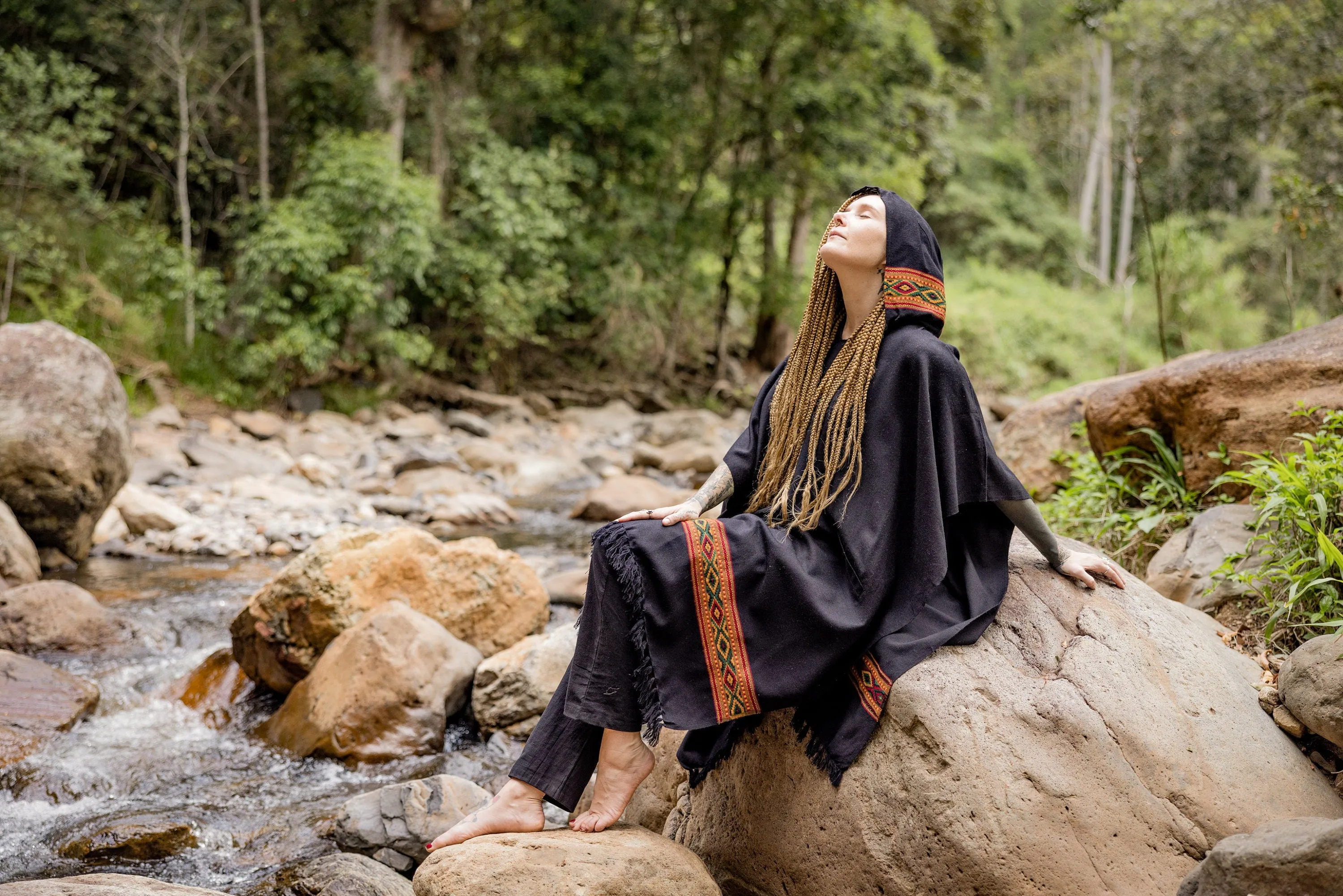 UPEKKHA Womens Black Hooded Poncho Longwith Tribal Embroidery Large Hood, Pockets Hippie Primitive Boho AJJAYA sold by Ajjaya product image thumbnail 5