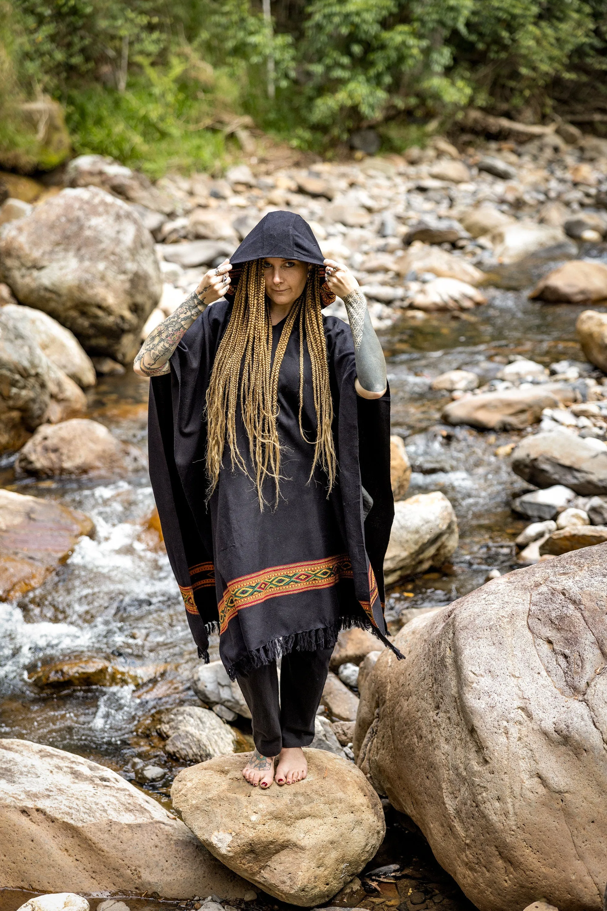 UPEKKHA Womens Black Hooded Poncho Longwith Tribal Embroidery Large Hood, Pockets Hippie Primitive Boho AJJAYA sold by Ajjaya product image thumbnail 2
