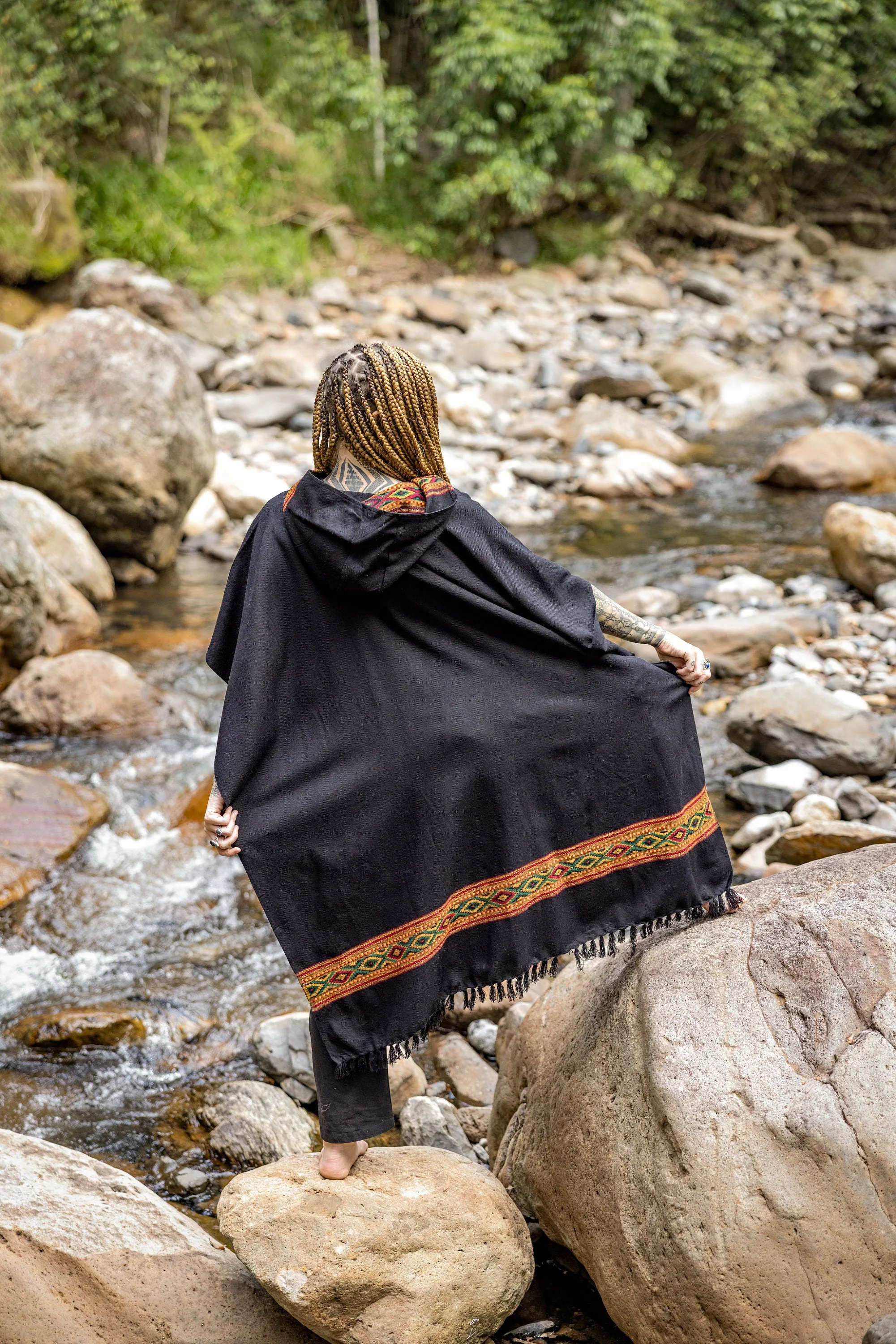 UPEKKHA Womens Black Hooded Poncho Longwith Tribal Embroidery Large Hood, Pockets Hippie Primitive Boho AJJAYA sold by Ajjaya product image thumbnail 3