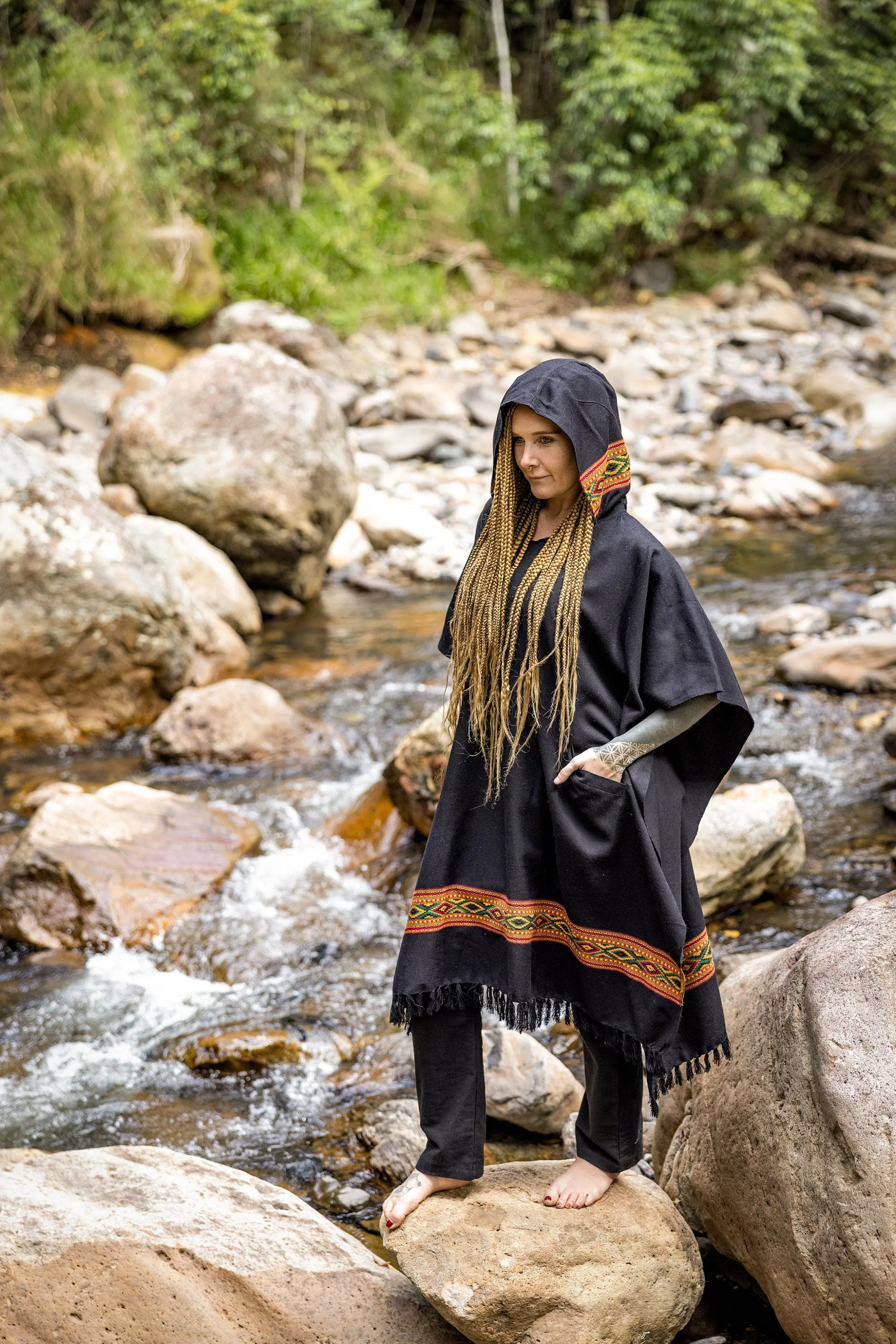 UPEKKHA Womens Black Hooded Poncho Longwith Tribal Embroidery Large Hood, Pockets Hippie Primitive Boho AJJAYA sold by Ajjaya product image thumbnail 4