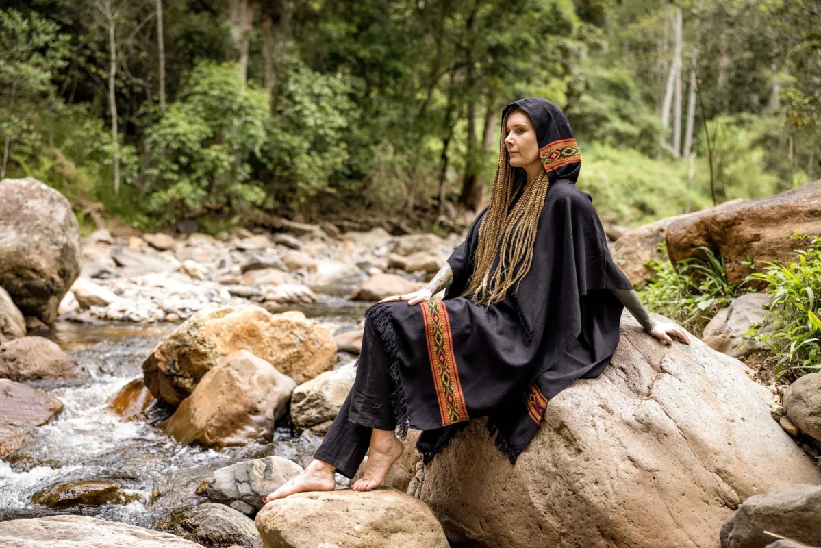 UPEKKHA Womens Black Hooded Poncho Longwith Tribal Embroidery Large Hood, Pockets Hippie Primitive Boho AJJAYA sold by Ajjaya