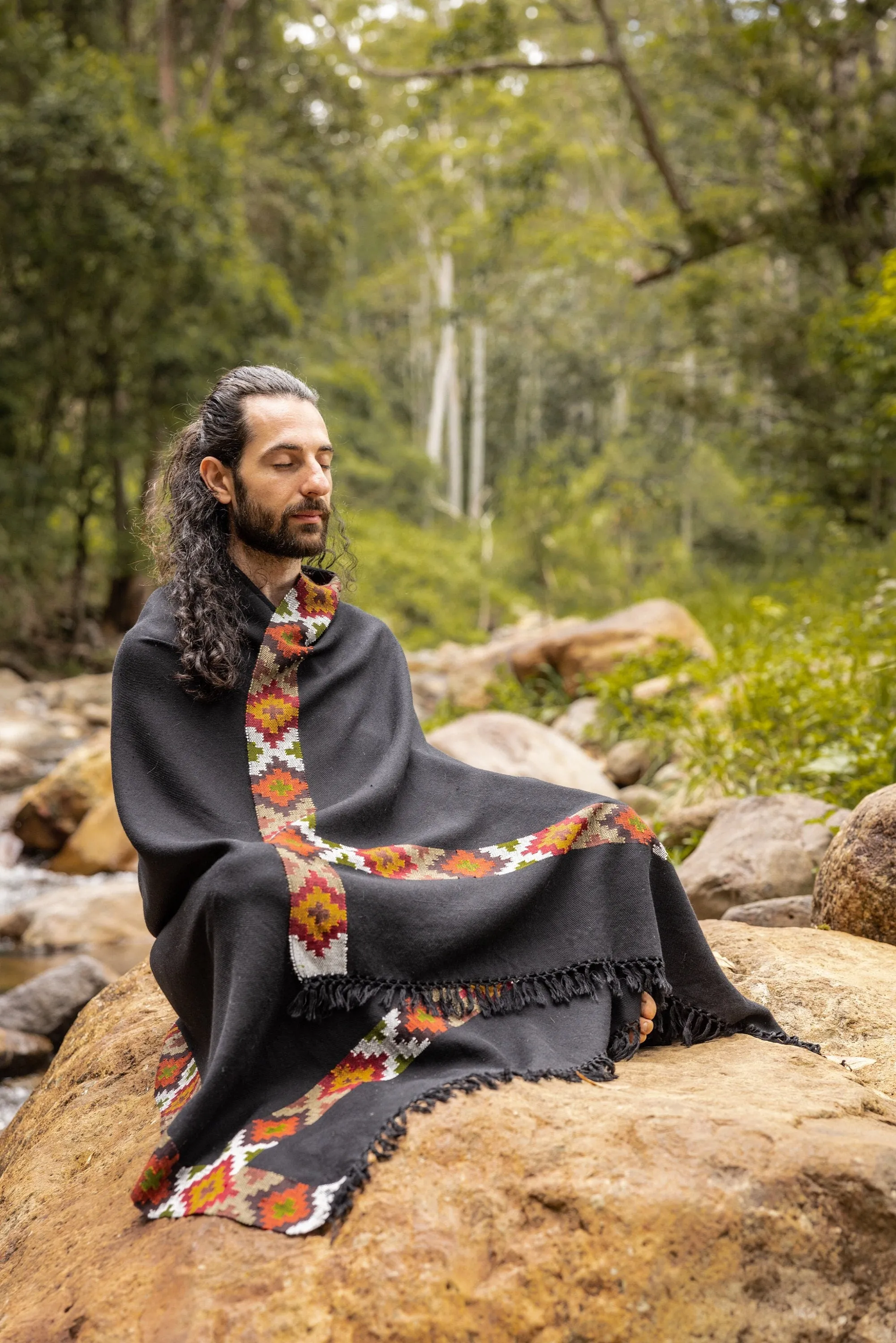 SADHU Black Handwoven Shawl Wool Meditation Prayer Scarf Blanket Premium Pure Cashmere Winter Tribal Zen Embroidery Boho Wrap AJJAYA sold by Ajjaya product image thumbnail 2