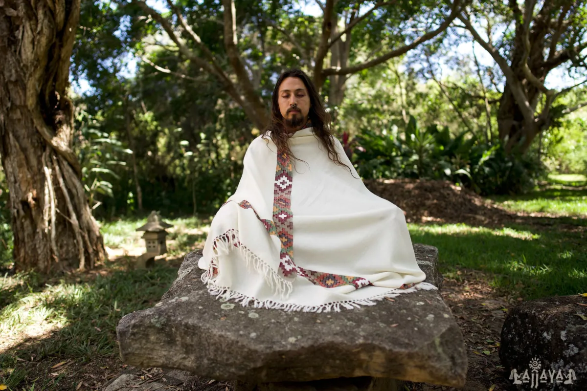 SADHU Shawl White Handwoven Wool Meditation Prayer Scarf Blanket Premium Pure Cashmere Winter Tribal Zen Tibetan Embroidery Boho Wrap AJJAYA sold by Ajjaya