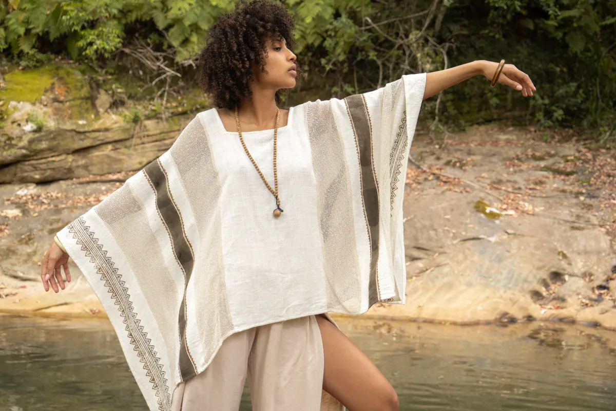 TAIKI Womens Light Beige Cream Poncho Cotton Top Kaftan Boho Block Printed Natural Dye Pattern Bohemian Collarbone AJJAYA sold by Ajjaya