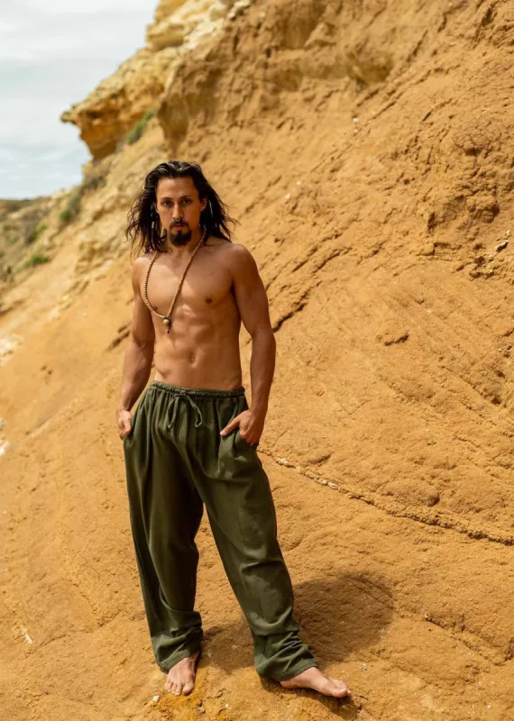 YUGI Green Sage Mens Cotton Yoga Pants Natural Plant Dyed Pockets Yogi Breathable Gym Straight Trousers Flexible Drawstring Festival AJJAYA sold by Ajjaya