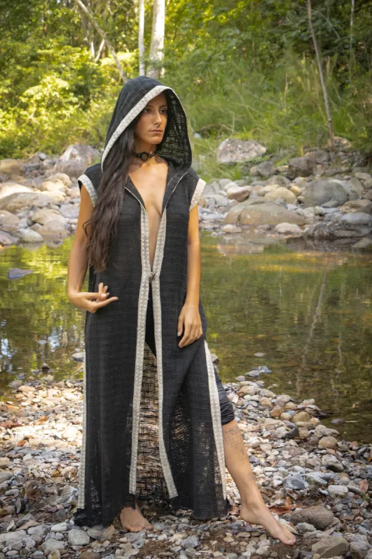 LALIKA Womens Vest Long Large Hood Natural Netted Cotton Festival Ceremony Tribal Dystopian Cyberpunk Steampunk Gypsy AJJAYA sold by Ajjaya