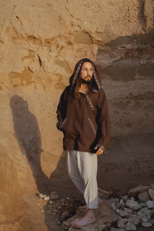 NAMAI Brown Hooded Cotton Top With Large Hoodie with Pockets Handmade Lightweight Tribal Patterns Hood Ritual Ceremony Gypsy Festival AJJAYA sold by Ajjaya