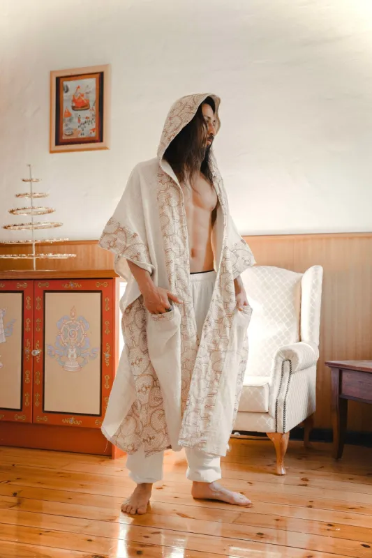 AYAWA Beige Cream Hooded Kimono Cape Poncho Robe Shipibo Sacred Patterns Ceremony Ritual Shaman Tribal Shawl Viking Festival Wrap AJJAYA sold by Ajjaya