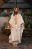 AYAWA Beige Cream Hooded Kimono Cape Poncho Robe Shipibo Sacred Patterns Ceremony Ritual Shaman Tribal Shawl Viking Festival Wrap AJJAYA sold by Ajjaya