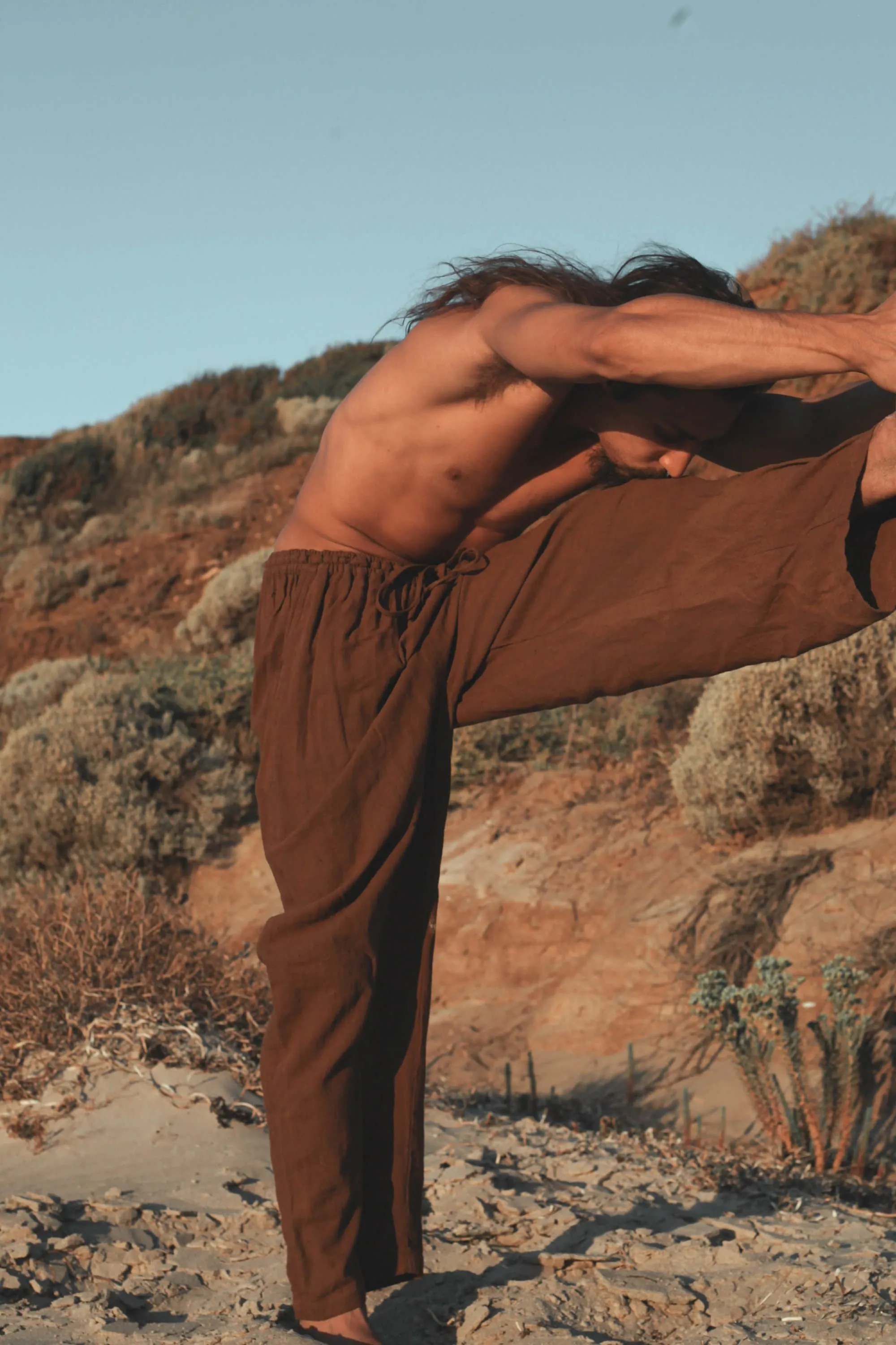 YUGI Maroon Mens Cotton Yoga Pants Natural Plant Dyed Pockets Yogi Breathable Gym Straight Trousers Flexible Drawstring Festival Rave AJJAYA sold by Ajjaya product image thumbnail 4