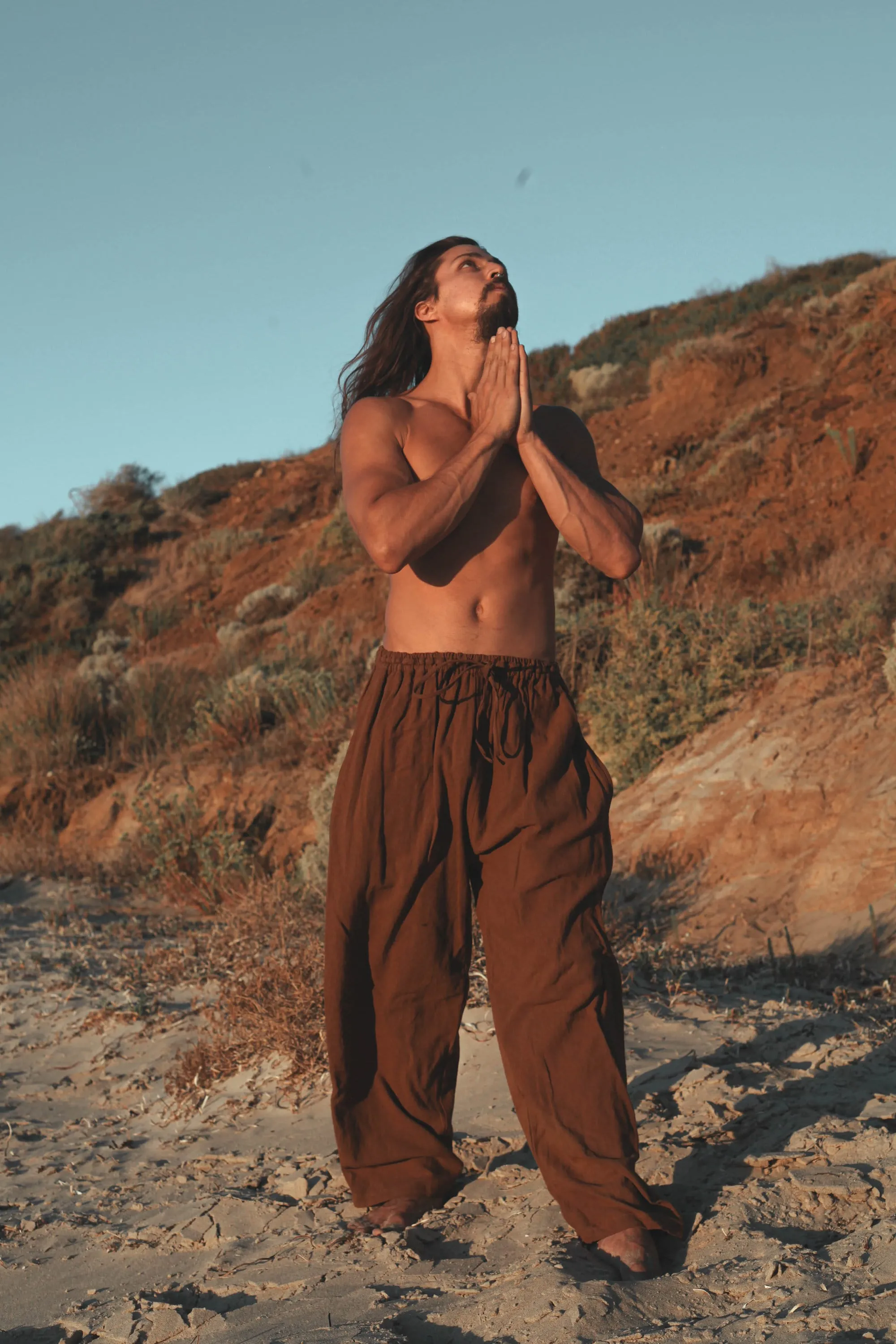 YUGI Maroon Mens Cotton Yoga Pants Natural Plant Dyed Pockets Yogi Breathable Gym Straight Trousers Flexible Drawstring Festival Rave AJJAYA sold by Ajjaya