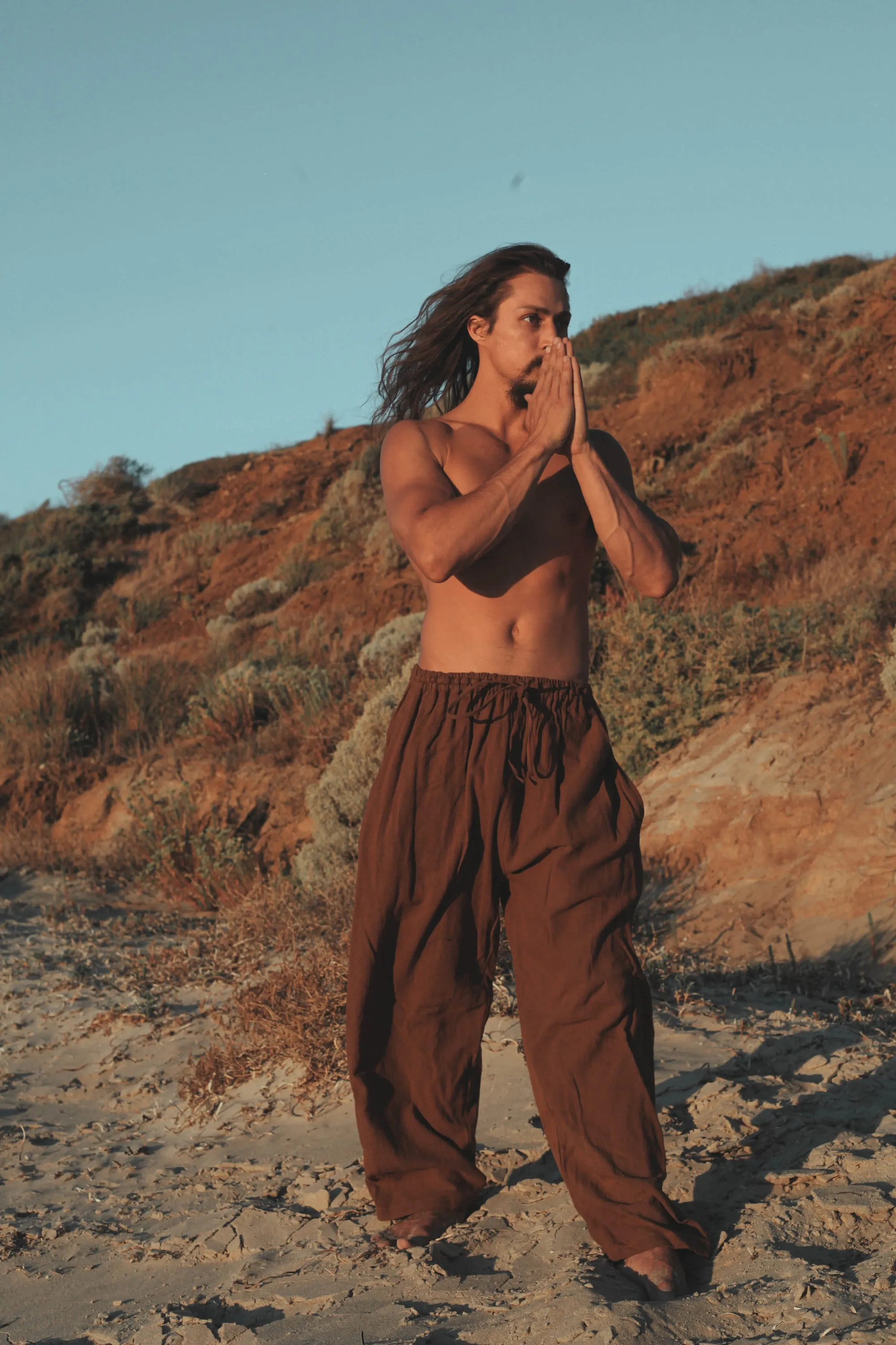 YUGI Maroon Mens Cotton Yoga Pants Natural Plant Dyed Pockets Yogi Breathable Gym Straight Trousers Flexible Drawstring Festival Rave AJJAYA sold by Ajjaya product image thumbnail 5