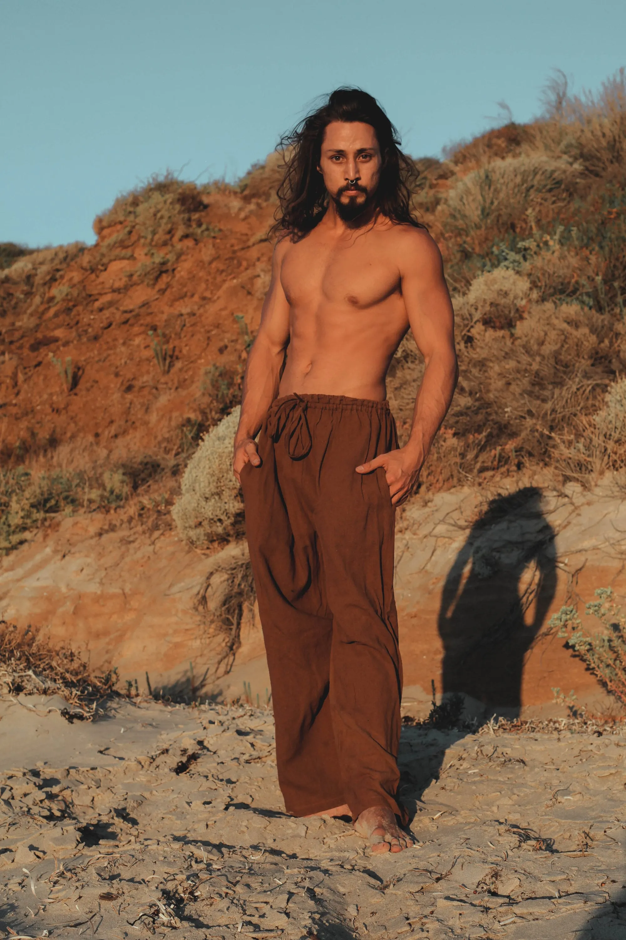 YUGI Maroon Mens Cotton Yoga Pants Natural Plant Dyed Pockets Yogi Breathable Gym Straight Trousers Flexible Drawstring Festival Rave AJJAYA sold by Ajjaya product image thumbnail 2