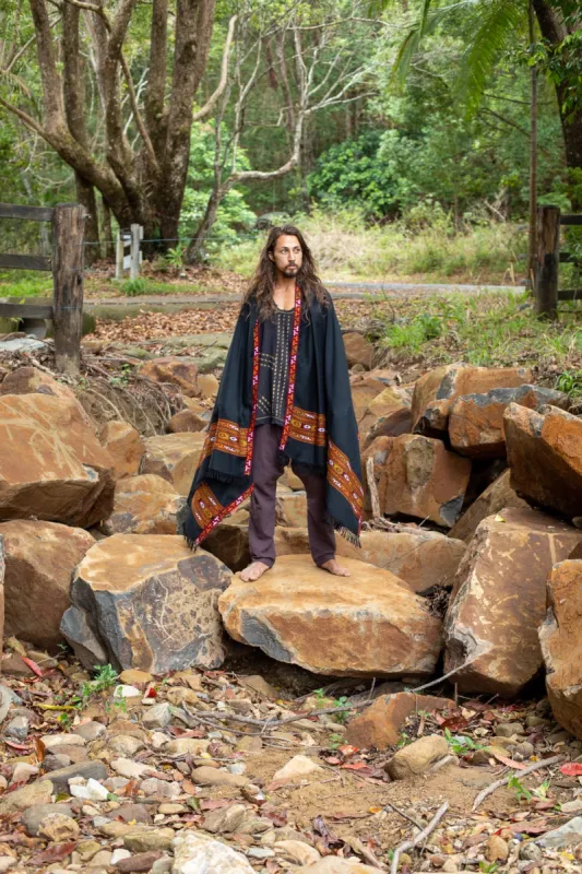 VIRIYA Shawl Black Handwoven Wool Meditation Prayer Scarf Blanket Premium Pure Cashmere Winter Tribal Tibetan Zen Embroidery Boho AJJAYA sold by Ajjaya