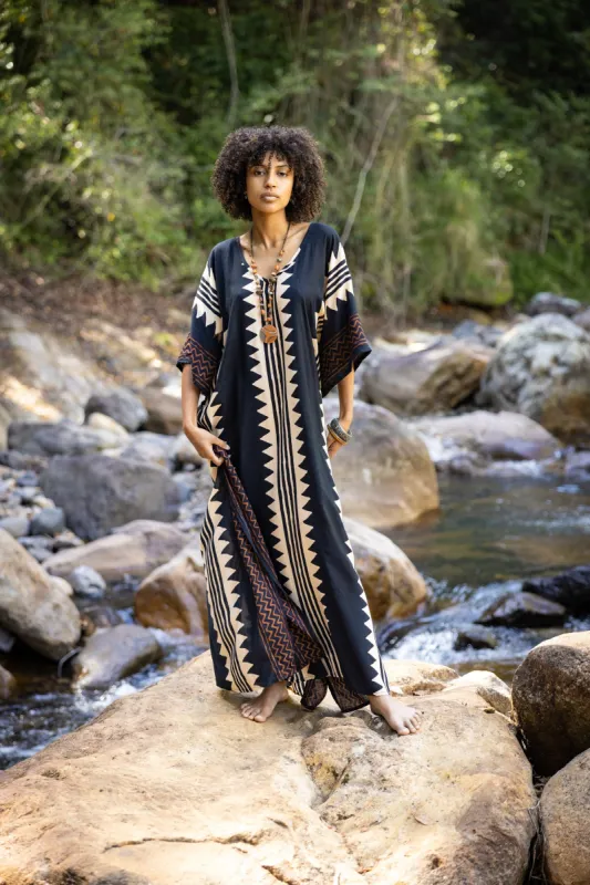 ELGA Kaftan Maxi Long Dress Soft Breathable Rayon Fabric Tribal Black White African Patterns Boho Festival Elegant Shamanic AJJAYA sold by Ajjaya