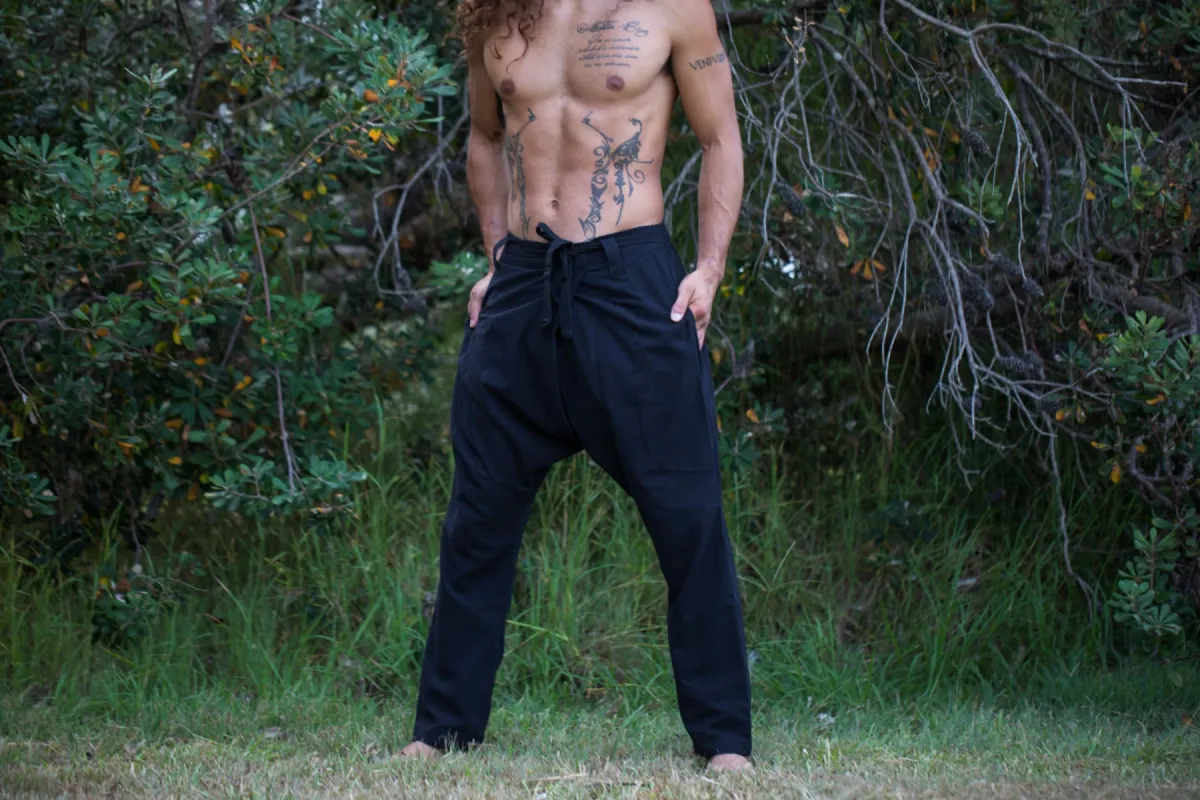 Mens Cotton Pants Black Drop Crotch Harem Alibaba Yoga Comfortable Breathable One Size Loose Fit Festival Boho Hippie Natural Earthy AJJAYA sold by Ajjaya