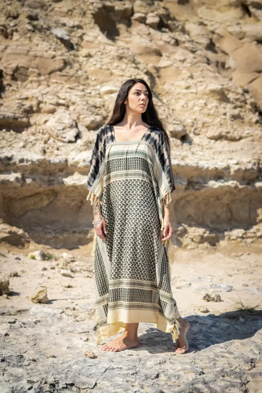 SALMA Maxi Wide Dress Beach Kaftan Beige Soft Cotton Arabic Desert Kaffiyeh Goddess Summer Resort Loose Fit Plus Size Boho Caftan AJJAYA sold by Ajjaya