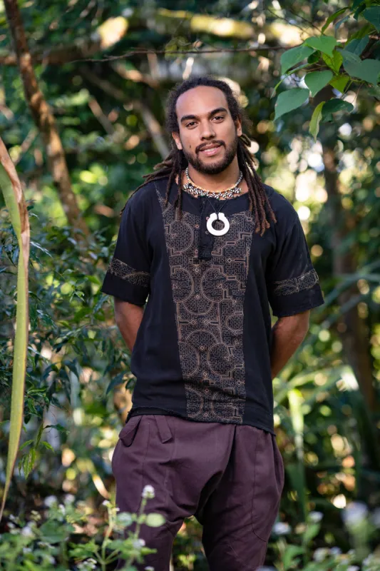 Mens WASKA Top Black Sacred Plant Shipibo Shaman Pattern T Shirt Shamanic Neo Tribal Gypsy Ritual Festival Ceremony Ethnic Handmade AJJAYA sold by Ajjaya