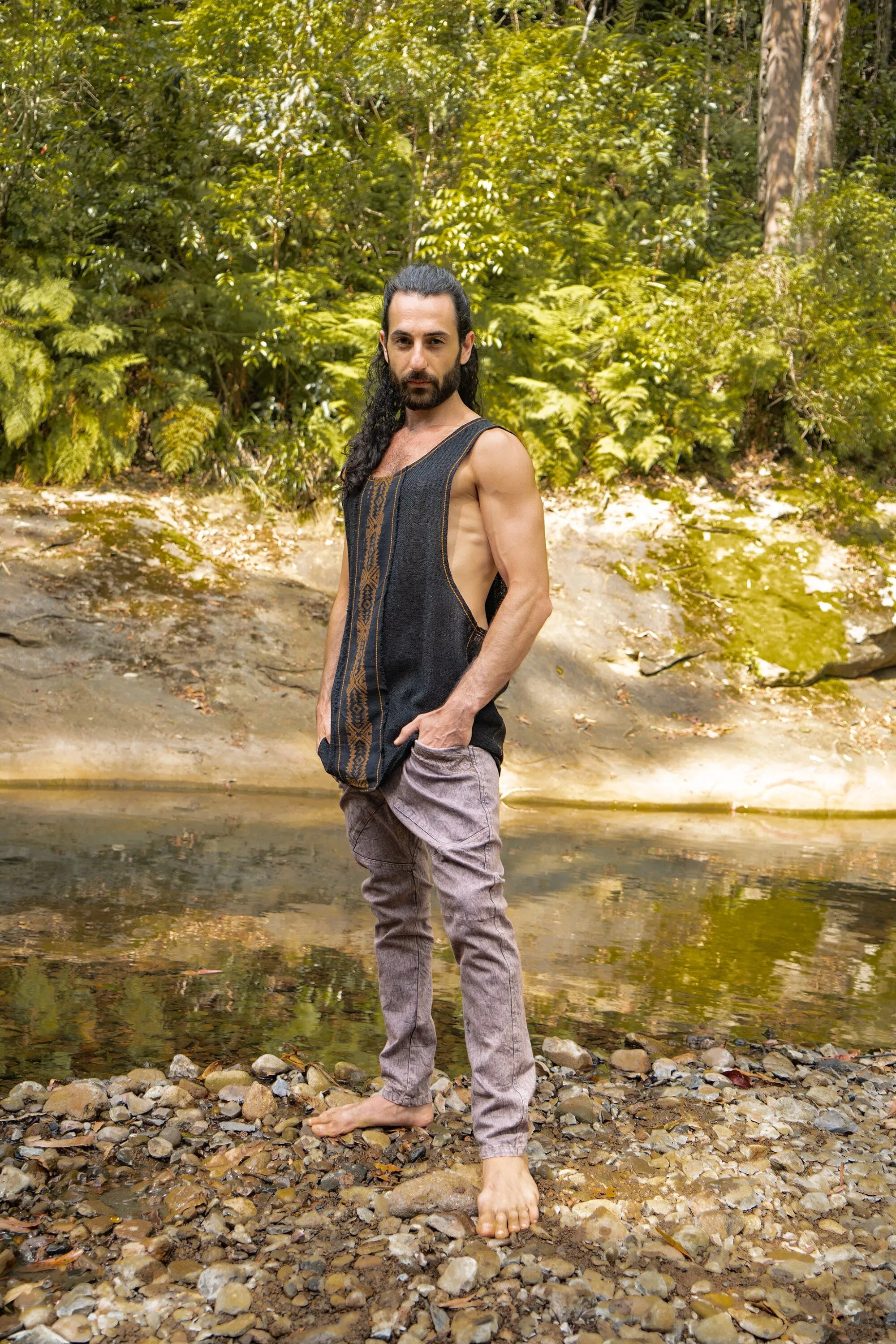 KAZA Mens Black Tank Top Sleeveless Yoga Deep Cut Breathable Semi See-through Cotton Tribal Pattern Block Printed Festival Ceremonial AJJAYA sold by Ajjaya product image thumbnail 4