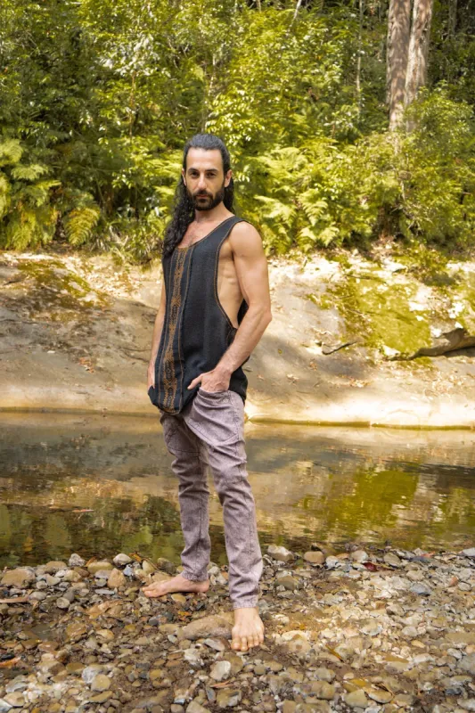 KAZA Mens Black Tank Top Sleeveless Yoga Deep Cut Breathable Semi See-through Cotton Tribal Pattern Block Printed Festival Ceremonial AJJAYA sold by Ajjaya