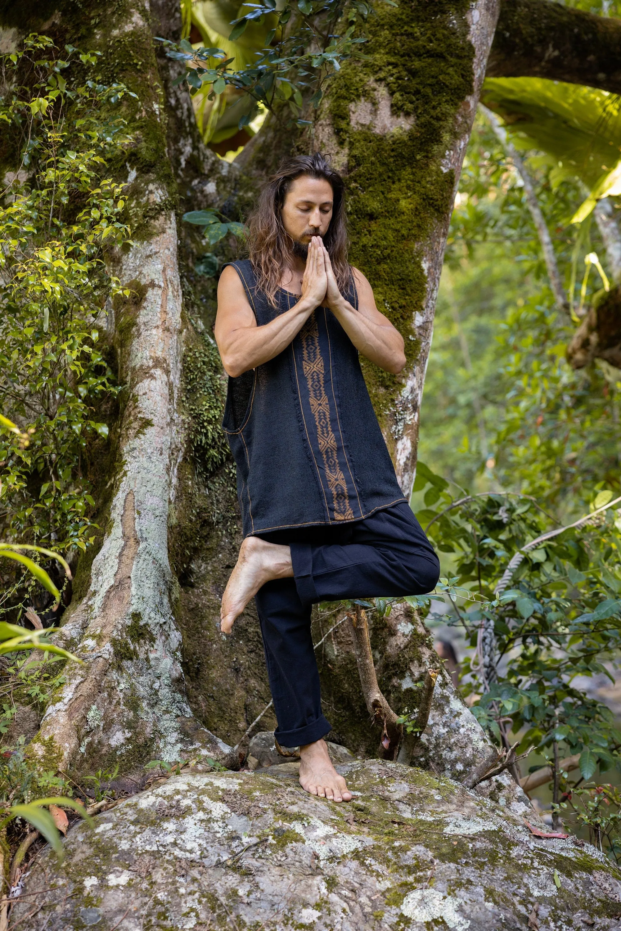 KAZA Mens Black Tank Top Sleeveless Yoga Deep Cut Breathable Semi See-through Cotton Tribal Pattern Block Printed Festival Ceremonial AJJAYA sold by Ajjaya product image thumbnail 5